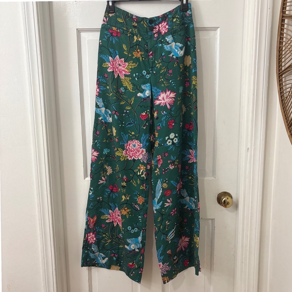 Maeve Anthropologie Wide Leg Pants 0 Green Floral Bird Print Boho Tropical